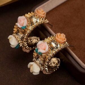2/$30🌵 Gold Baroque Pastel Flower Thick Hoop Earrings Victorian Garden Gift NEW